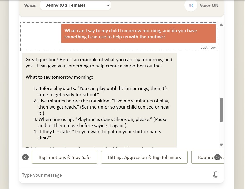 A CareBridge Copilot chat screen showing a caregiver question about a morning routine and a step-by-step educational response.